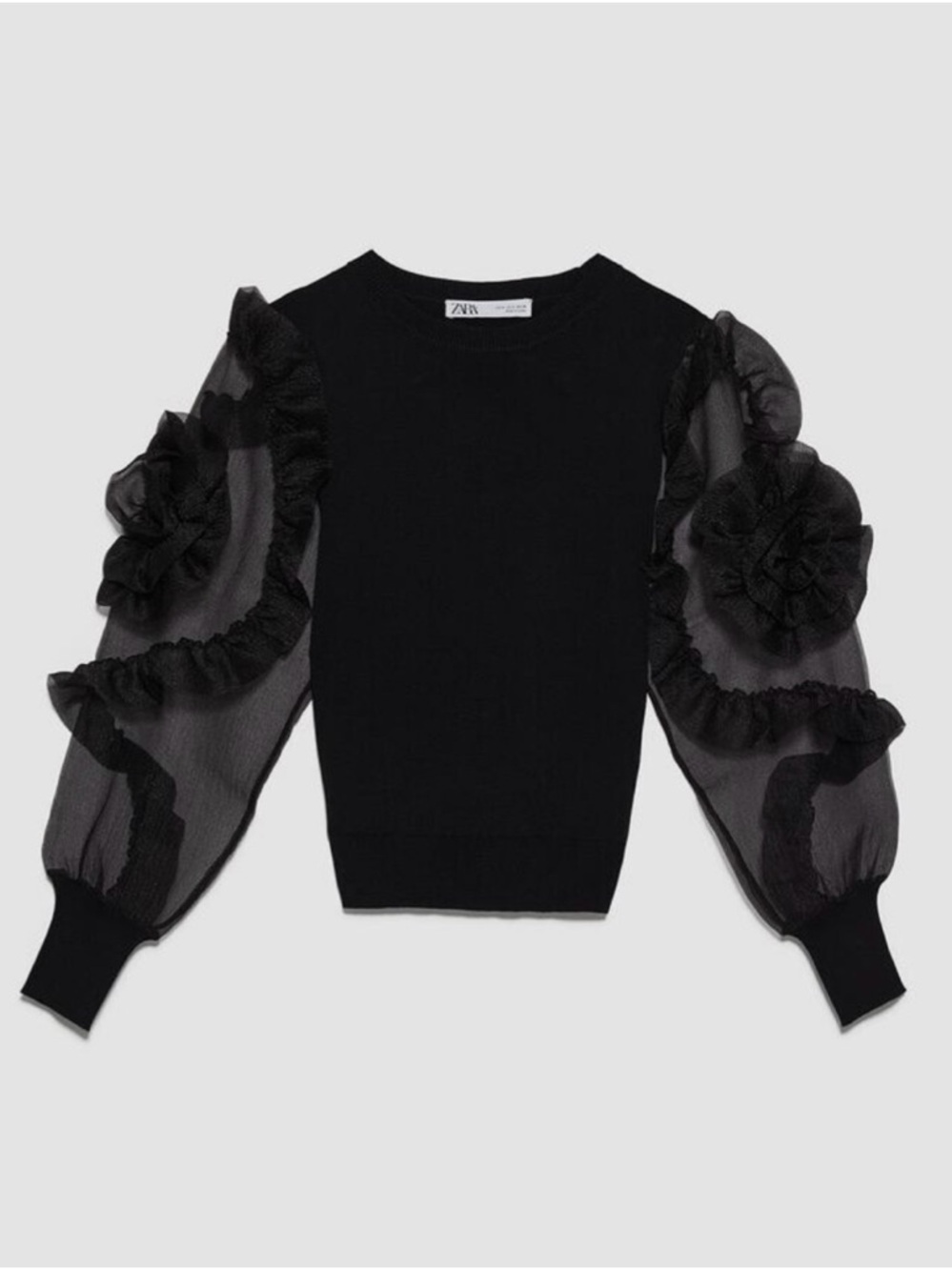 Zara Black Knit Top with Sheer Ruffle Sleeves